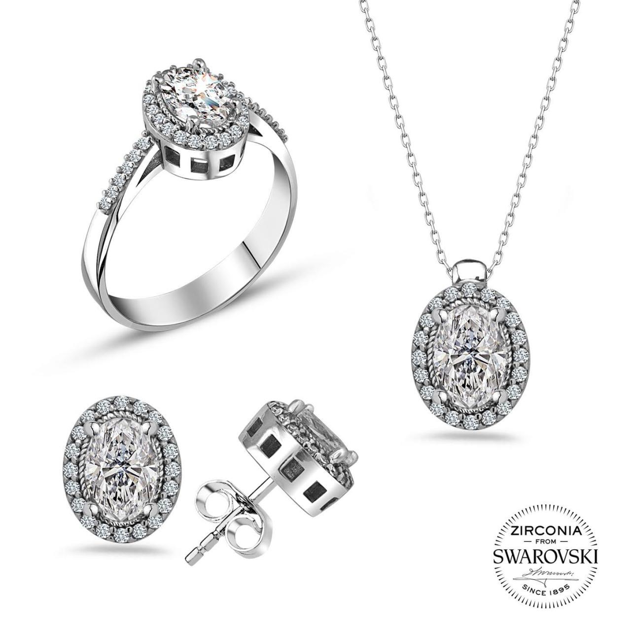 Swarovski Taşlı Oval Üçlü Takı Seti