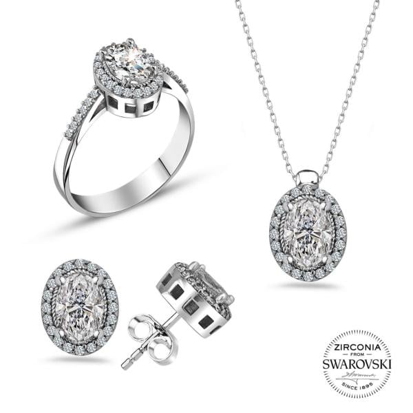 Swarovski Taşlı Oval Üçlü Takı Seti