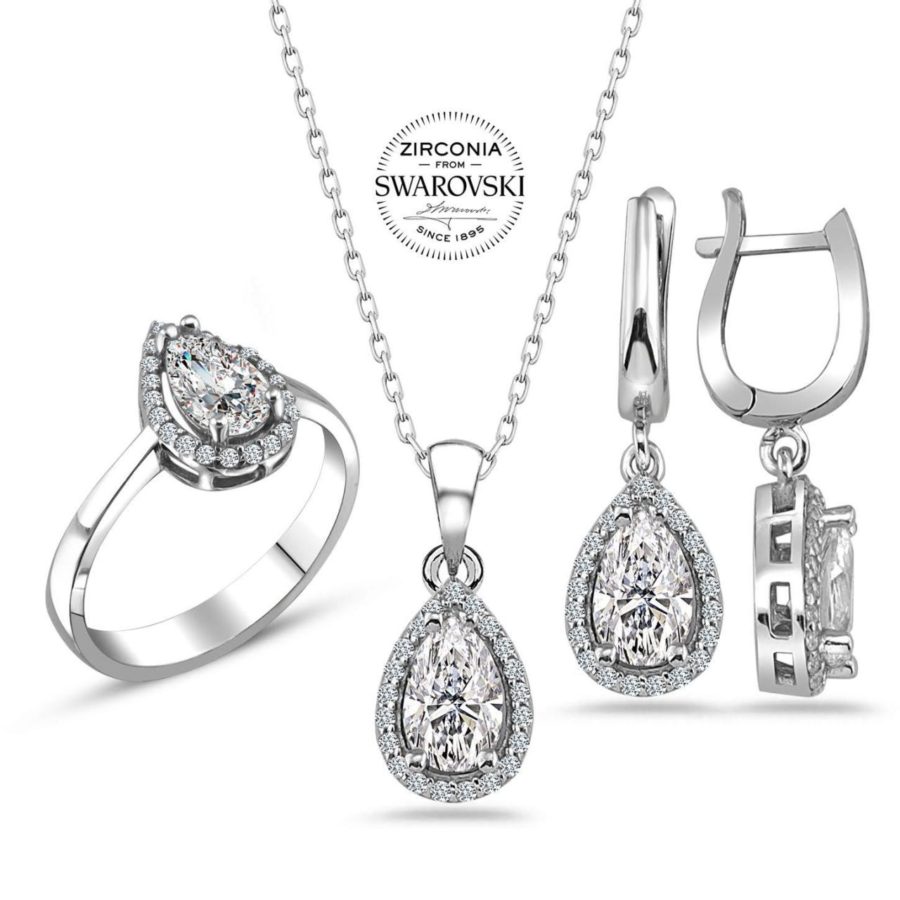 Swarovski Damla Taşlı Üçlü Takı Seti