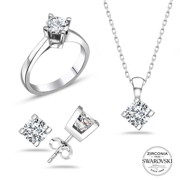 Swarovski Tek Taşlı Dört Tırnaklı Takı Seti