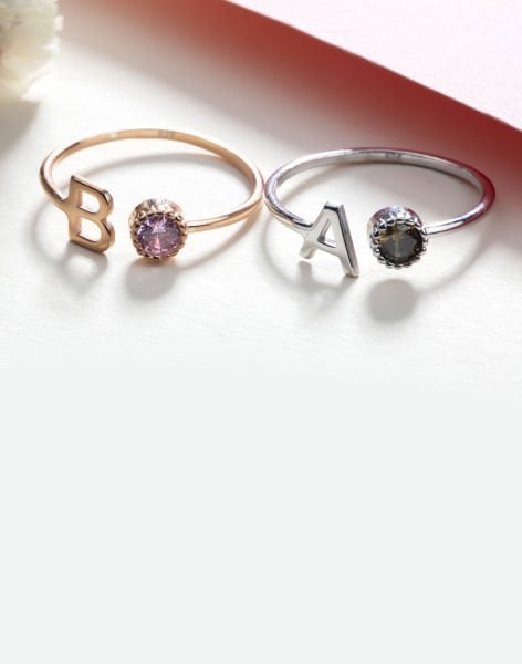 Harf Ve Doğum Taşlı Ayarlanabilir Gümüş Yüzük