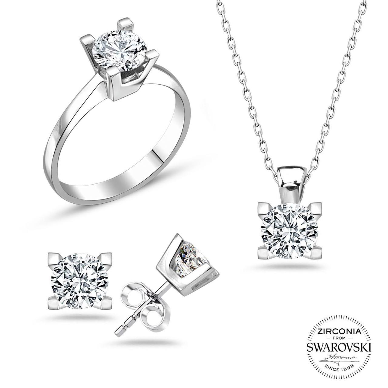 Swarovski Taşlı Tektaş Üçlü Takı Seti