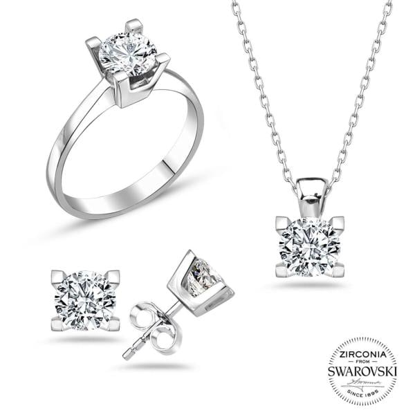 Swarovski Taşlı Tektaş Üçlü Takı Seti