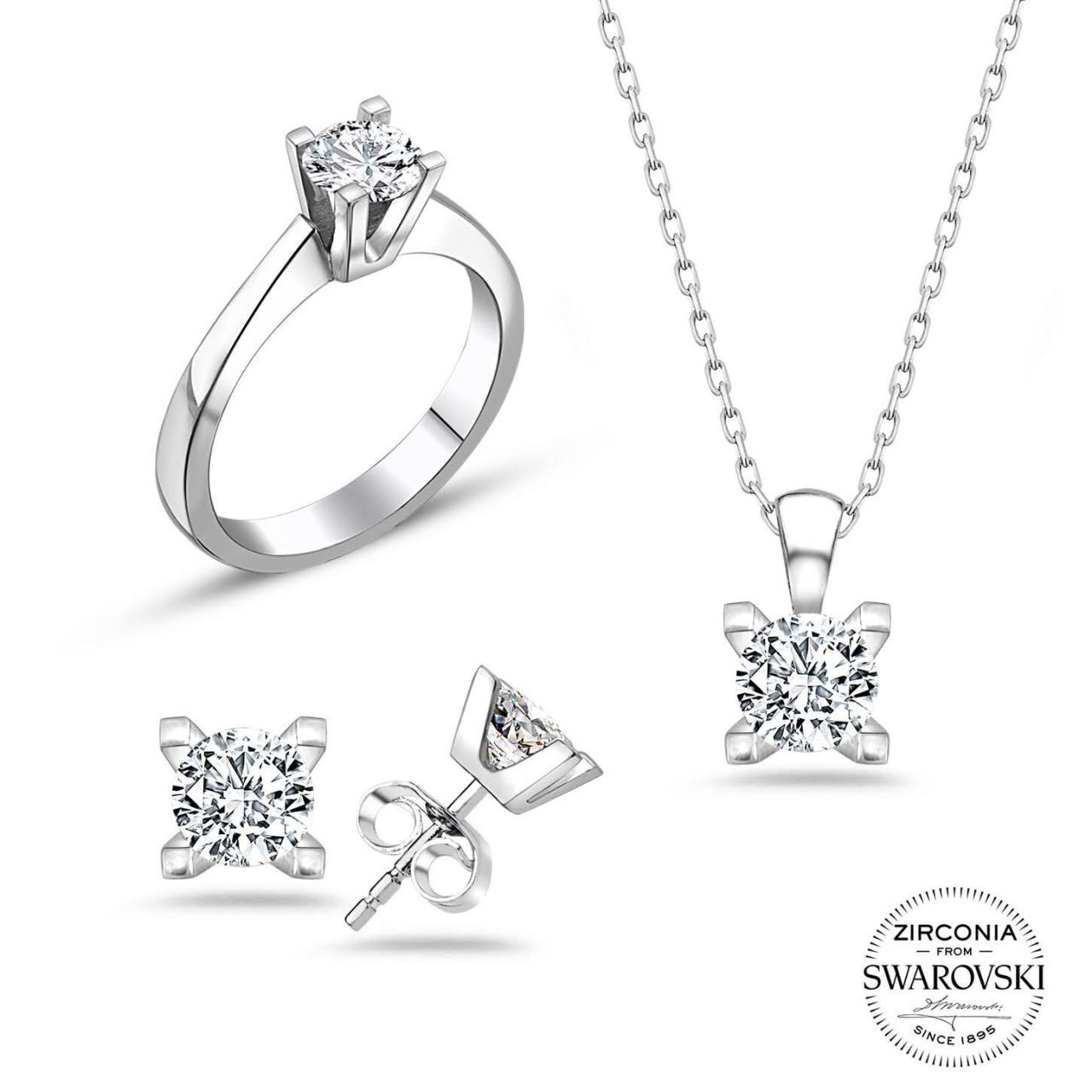 Swarovski V Kasa Tek Taşlı Üçlü Takı Seti