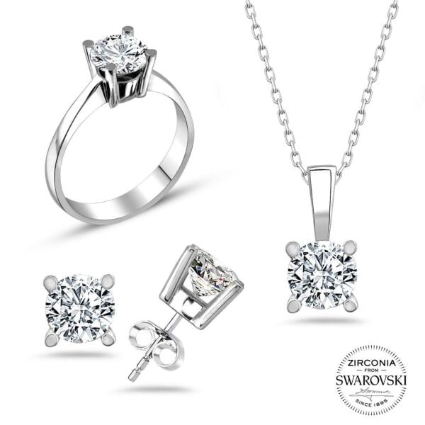 Swarovski Dört Tırnaklı Tek Taşlı Üçlü Takı Seti