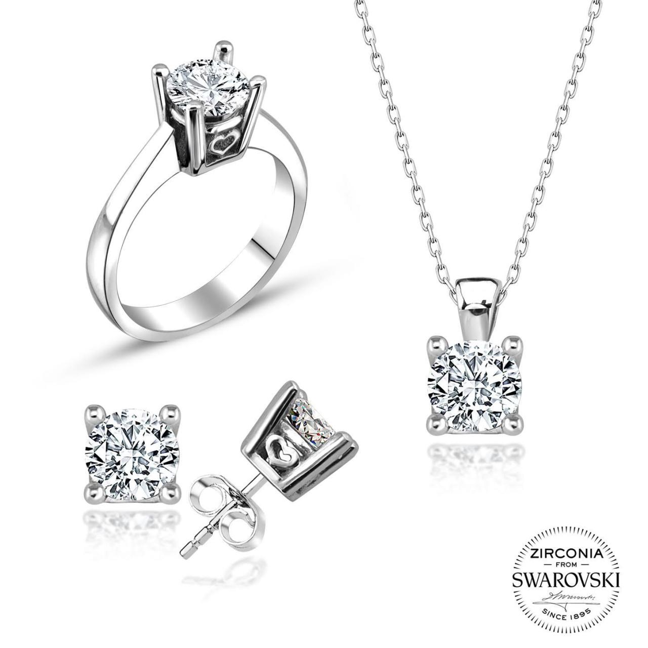 Swarovski Tek Taşlı Kalpli Üçlü Takı Seti