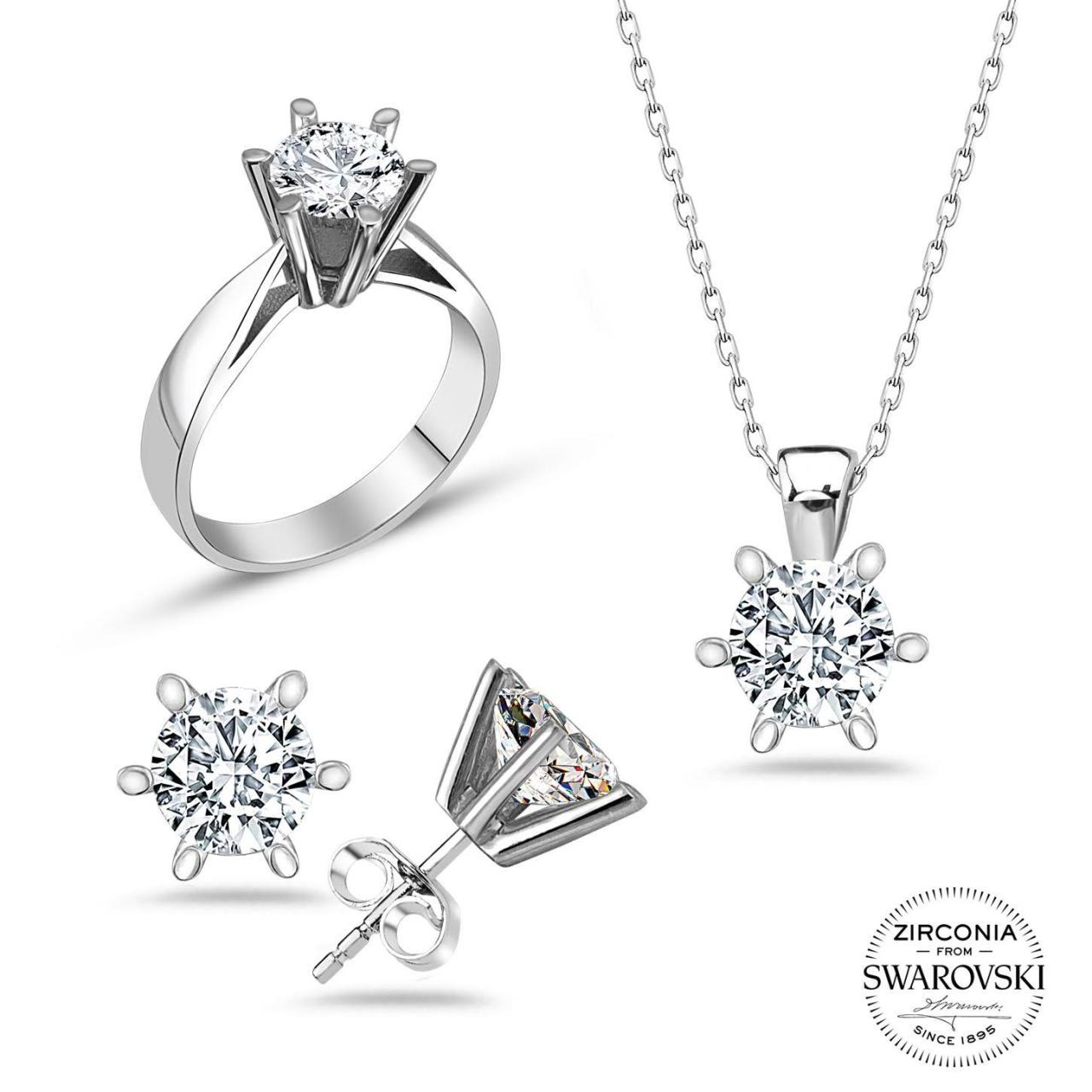 Swarovski Tek Taşlı Altı Tırnaklı Takı Seti