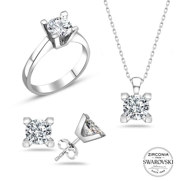 Swarovski Tek Taşlı Üçlü Gümüş Takı Seti