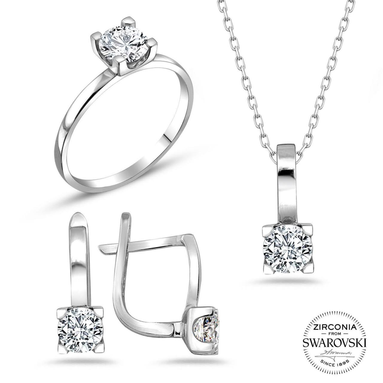 Swarovski Dört Tırnaklı Üçlü Gümüş Takı Seti