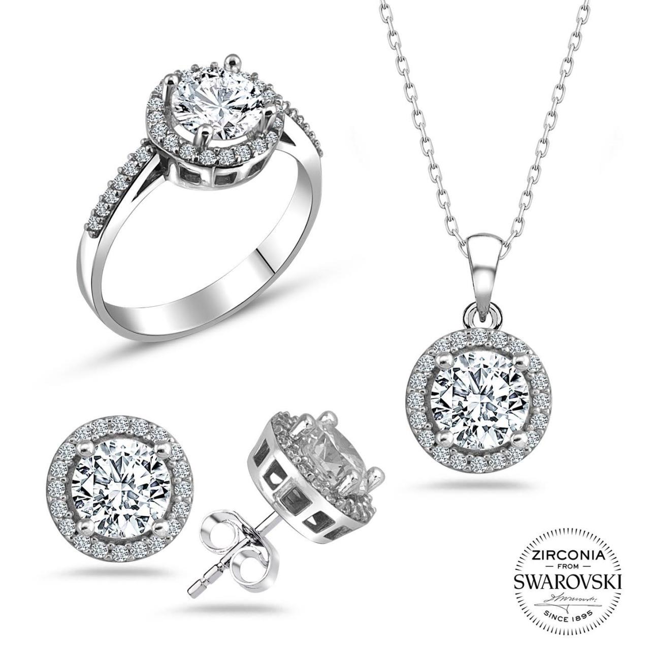 Swarovski Taşlı Üçlü Gümüş Takı Seti