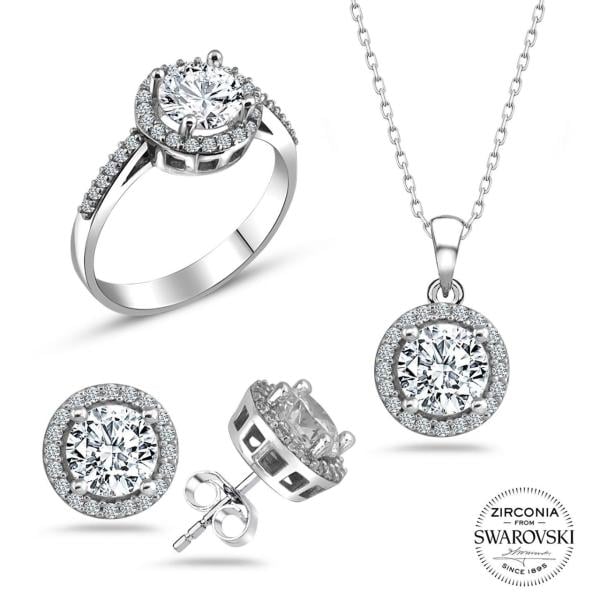 Swarovski Taşlı Üçlü Gümüş Takı Seti
