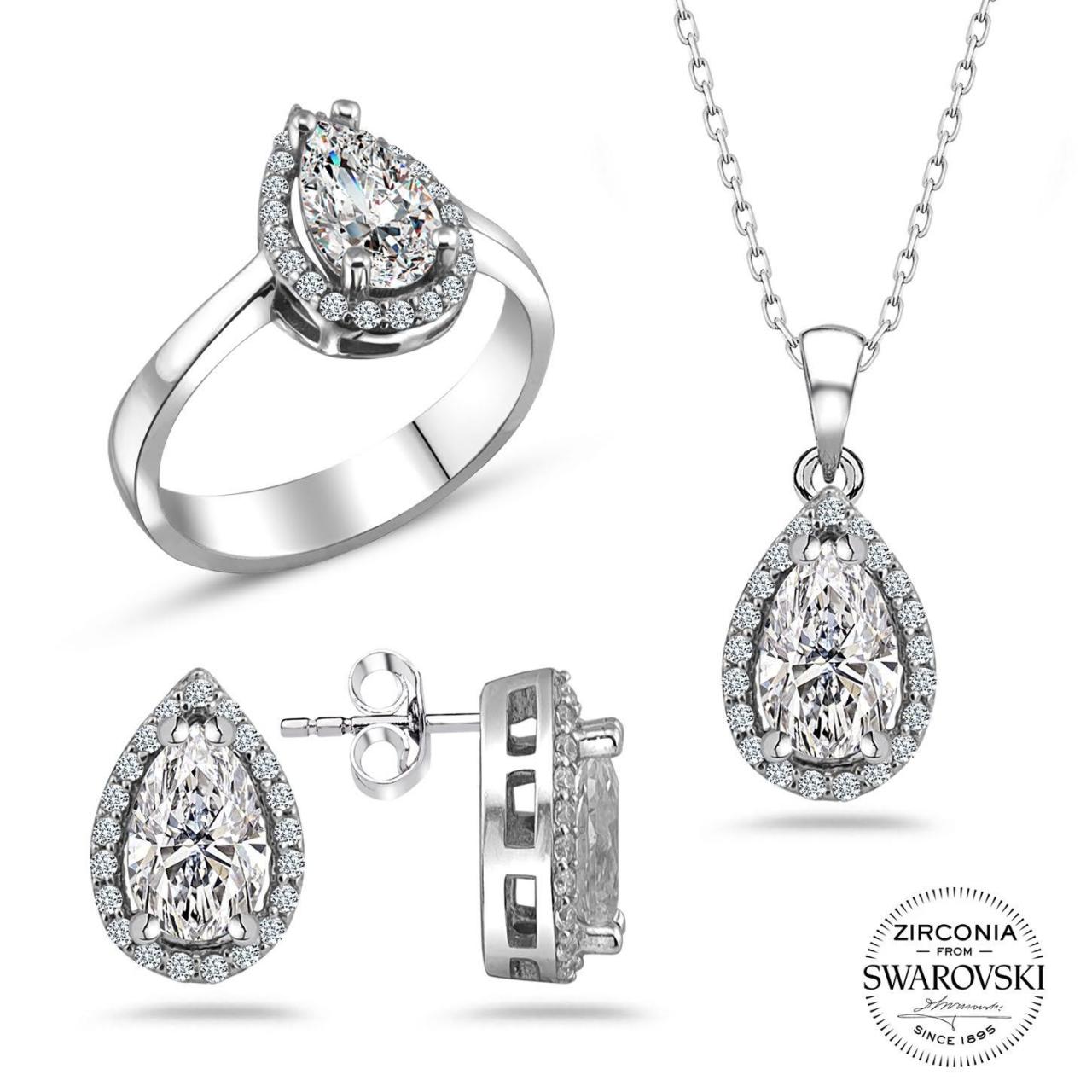 Swarovski Damla Taşlı Üçlü Gümüş Takı Seti