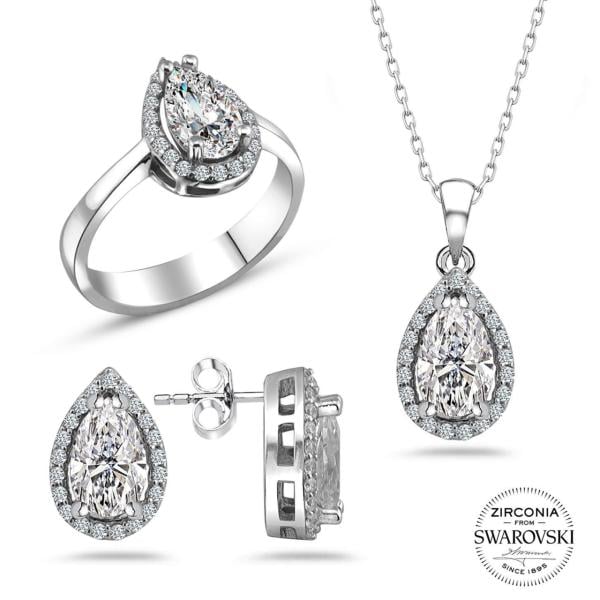 Swarovski Damla Taşlı Üçlü Gümüş Takı Seti