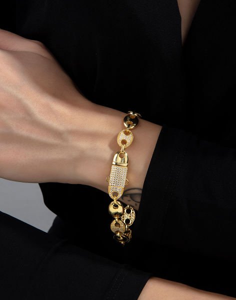 Pırlanta Tasarımı 925 Ayar Gümüş Gemici Zinciri Bileklik 14 Ayar Altın Kaplama