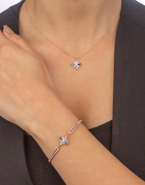 Mix Taşlı Gümüş Umut Çiçeği Kolye Bileklik Kombin