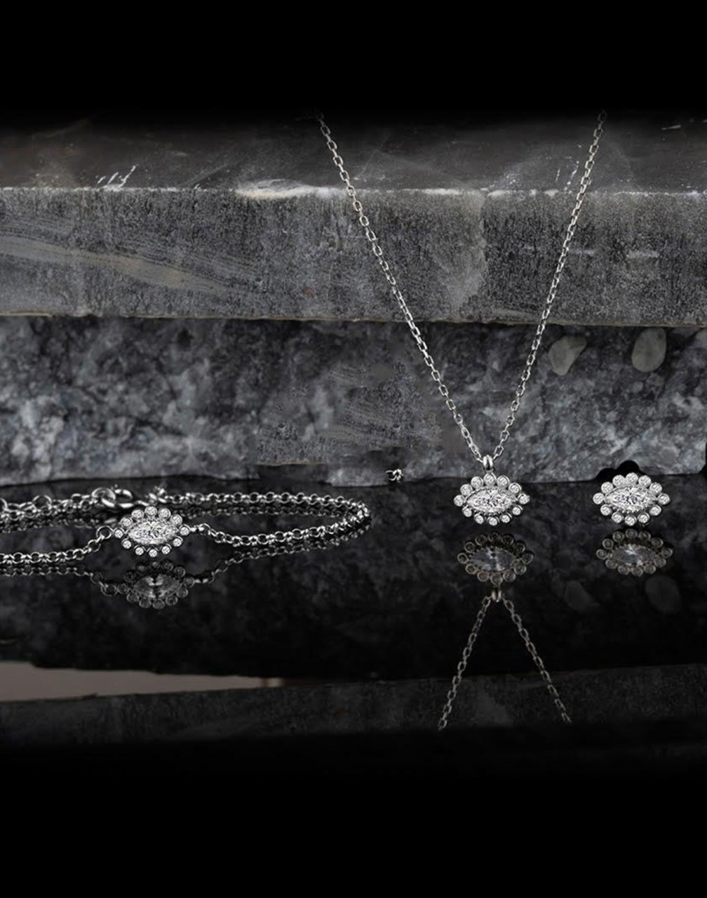 Pırlanta Modeli Mekik Papatya Gümüş 3'lü Takı Seti