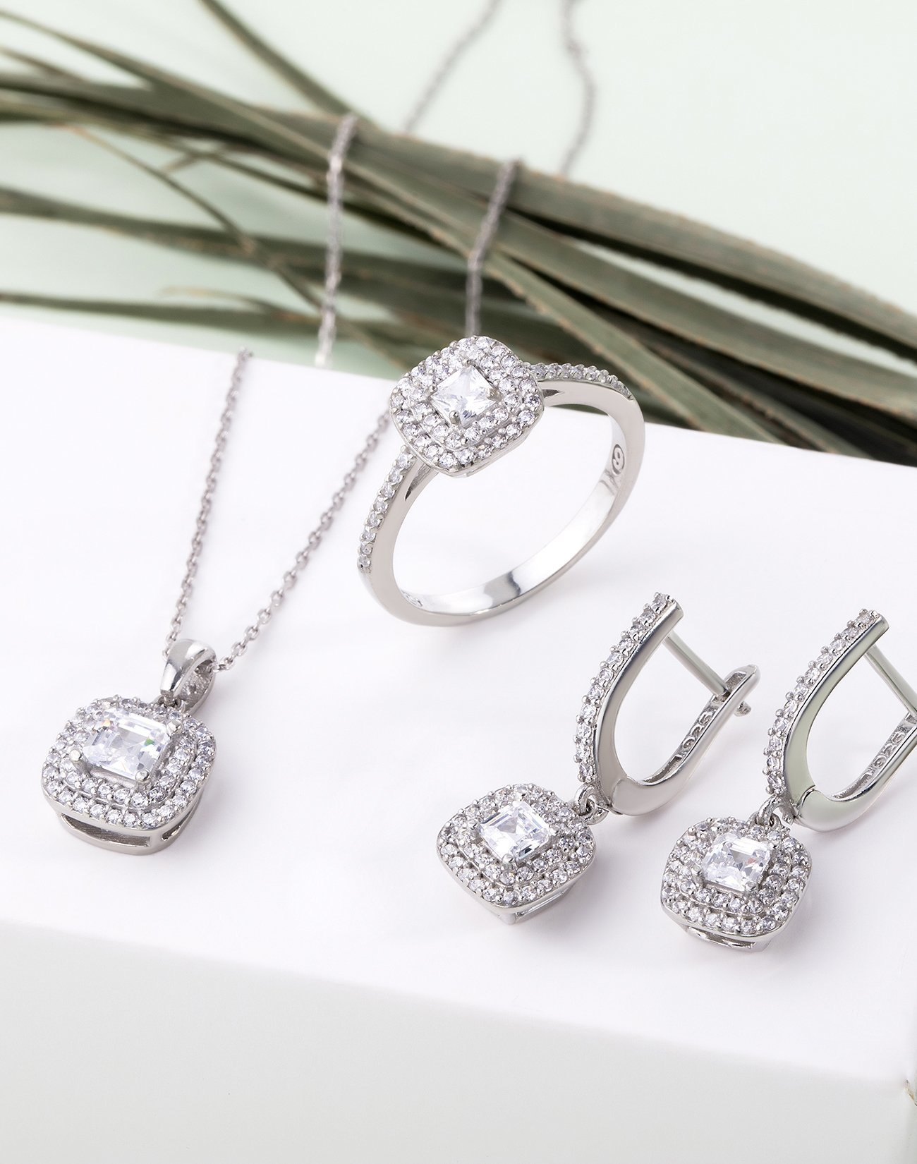 Pırlanta Modeli Çift Sıralı Gümüş 3'lü Takı Seti