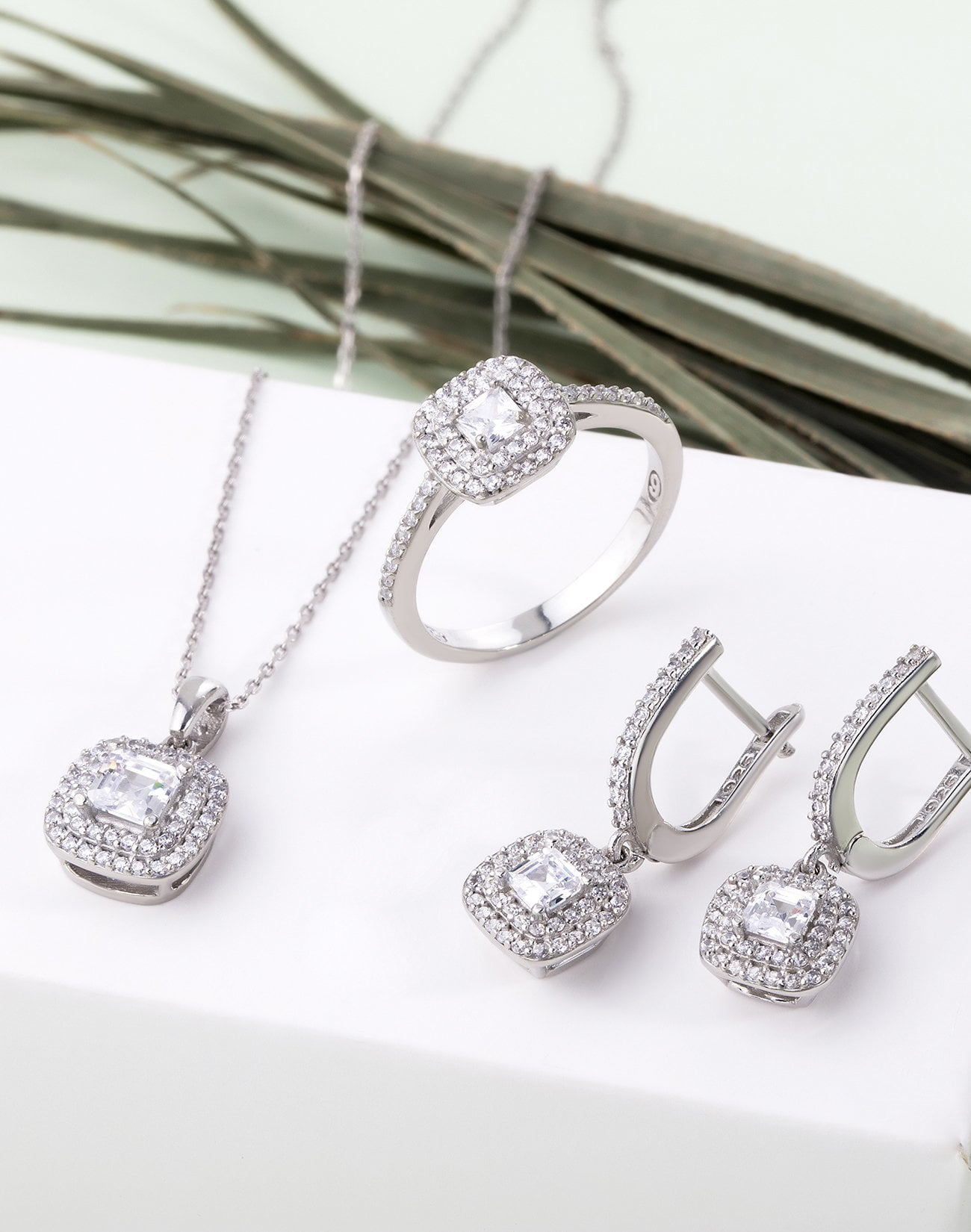 Pırlanta Modeli Çift Sıralı Gümüş 3'lü Takı Seti