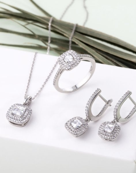 Pırlanta Modeli Çift Sıralı Gümüş 3'lü Takı Seti