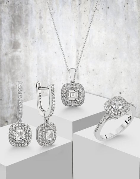 Pırlanta Modeli Çift Sıralı Gümüş 3'lü Takı Seti