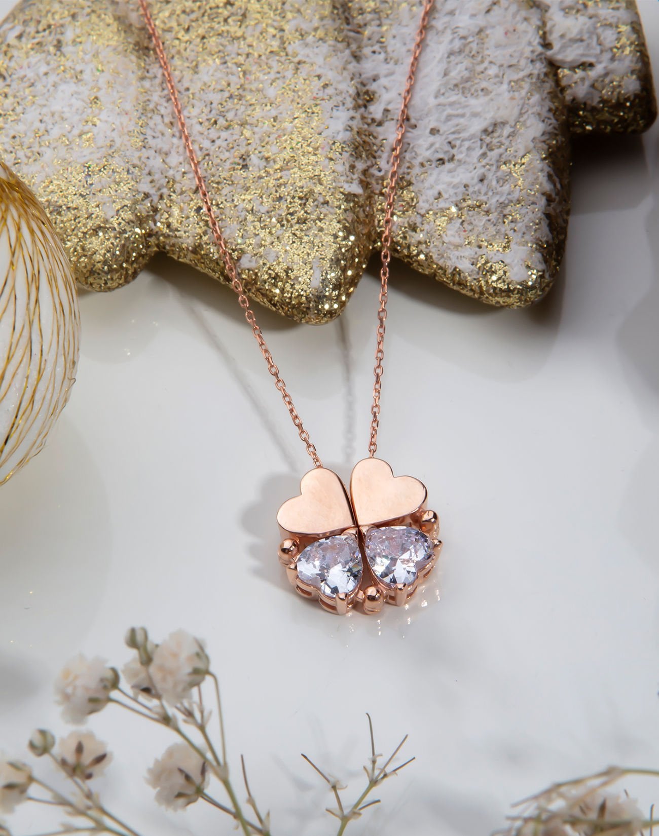 Mıknatıslı Kalp Yapraklı Yonca Tasarımı Gümüş Kolye Rose Kaplama