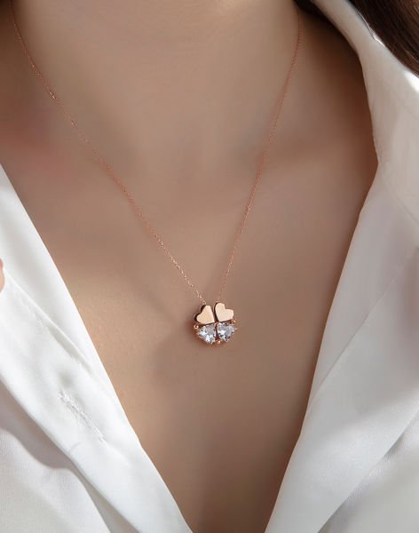 Mıknatıslı Kalp Yapraklı Yonca Tasarımı Gümüş Kolye Rose Kaplama