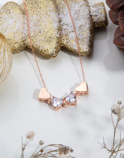 Mıknatıslı Kalp Yapraklı Yonca Tasarımı Gümüş Kolye Rose Kaplama