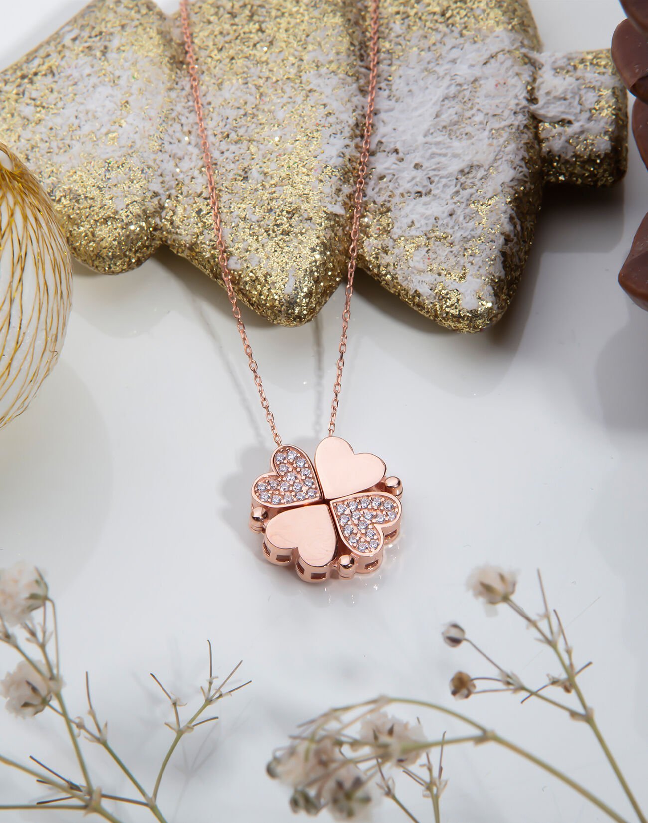 Mıknatıslı Dört Yapraklı Yonca Kolye Rose Kaplama