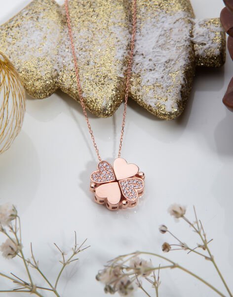 Mıknatıslı Dört Yapraklı Yonca Kolye Rose Kaplama