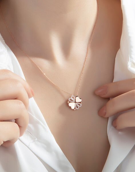 Trapez Taşlı Özel Tasarım Mıknatıslı Kolye Rose Kaplama