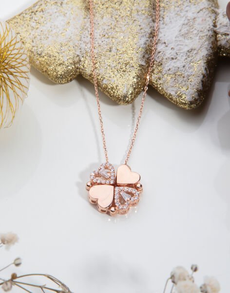 Trapez Taşlı Özel Tasarım Mıknatıslı Kolye Rose Kaplama