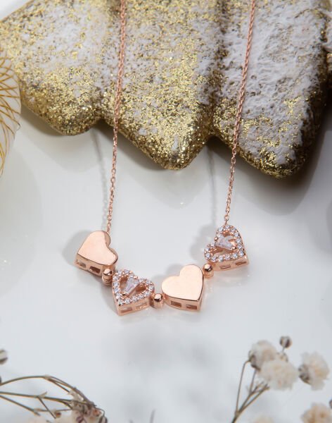 Trapez Taşlı Özel Tasarım Mıknatıslı Kolye Rose Kaplama