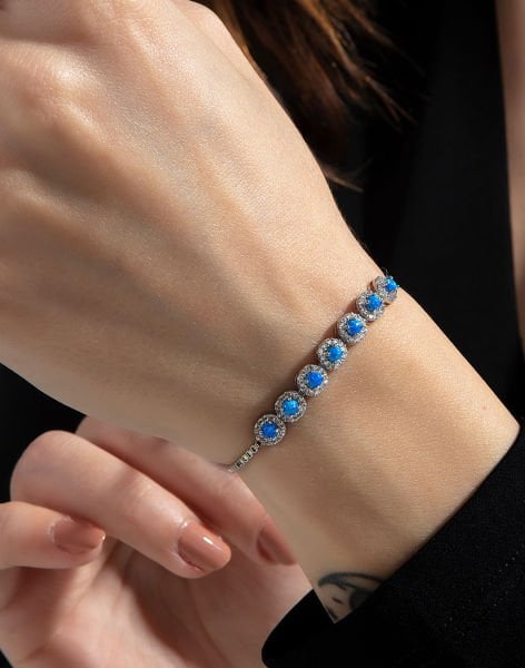 Opal Sıra Taşlı Asansörlü Gümüş Bileklik
