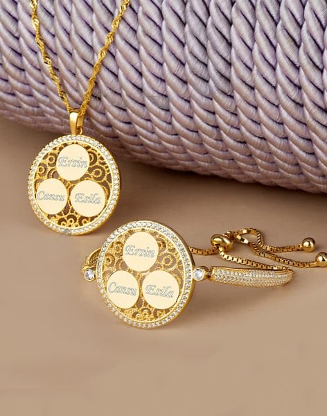 Ajör İşlemeli Üç İsimli Gümüş Kolye Bileklik Set