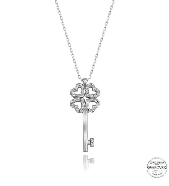 Gümüş Yoncalı Anahtar Swarovski Kolye
