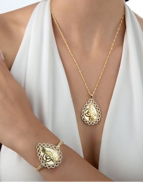 Sonsuzluk Çerçeveli Damla Tuğra Kolye Bileklik Set