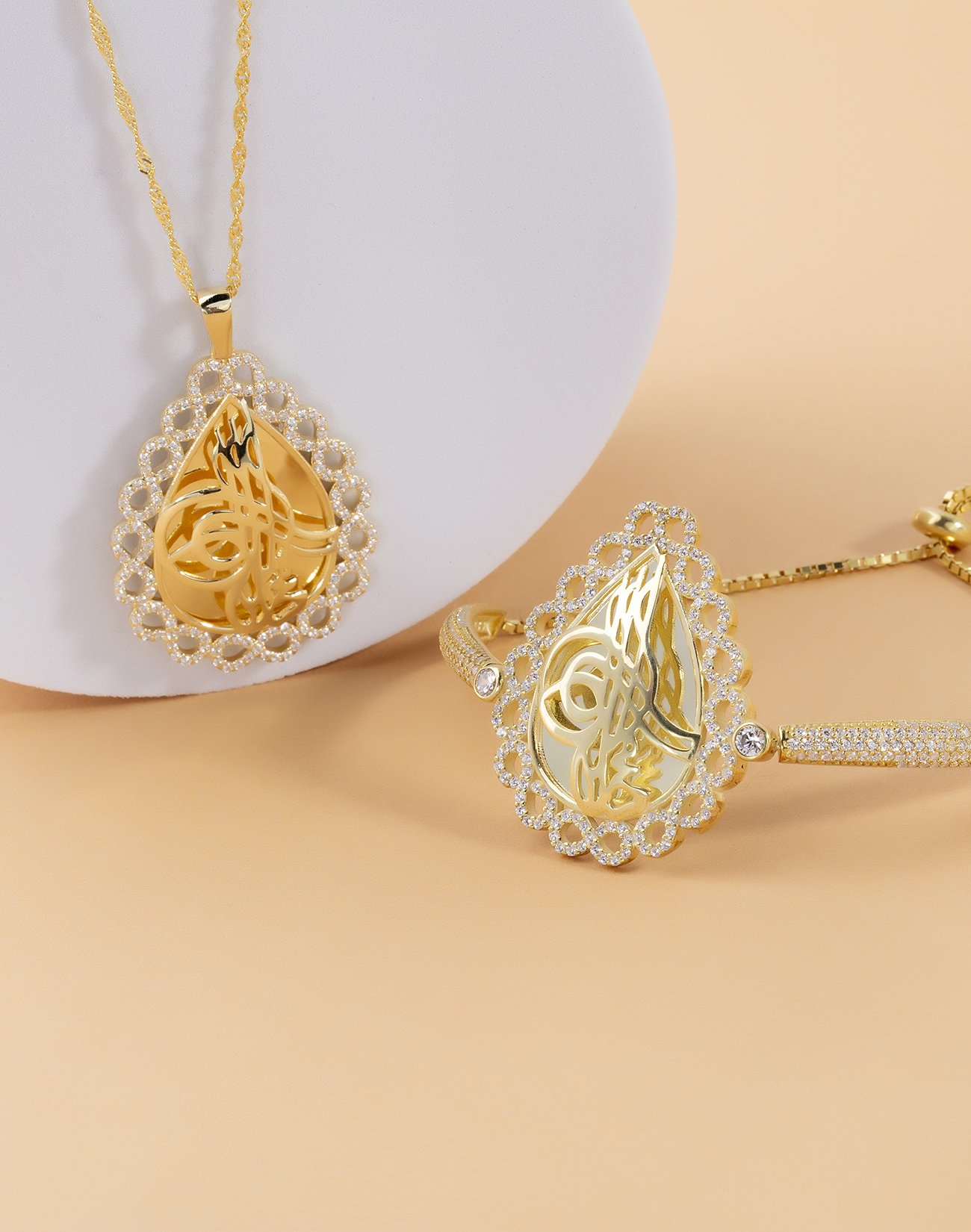 Sonsuzluk Çerçeveli Damla Tuğra Kolye Bileklik Set