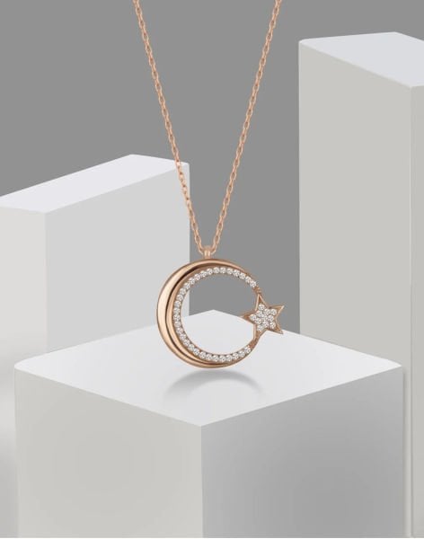 Pırlanta Modeli Gümüş Ay Yıldız Kolye