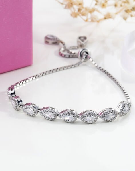 Pırlanta Tasarımı Damla Taşlı Asansörlü Gümüş Bileklik