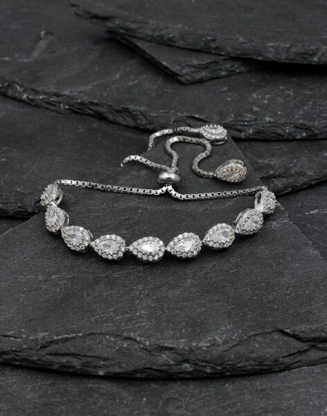 Pırlanta Tasarımı Damla Taşlı Asansörlü Gümüş Bileklik