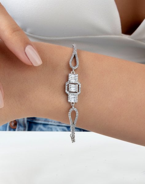 Baget Taşlı Kelepçe Modeli Gümüş Bayan Bilekliği