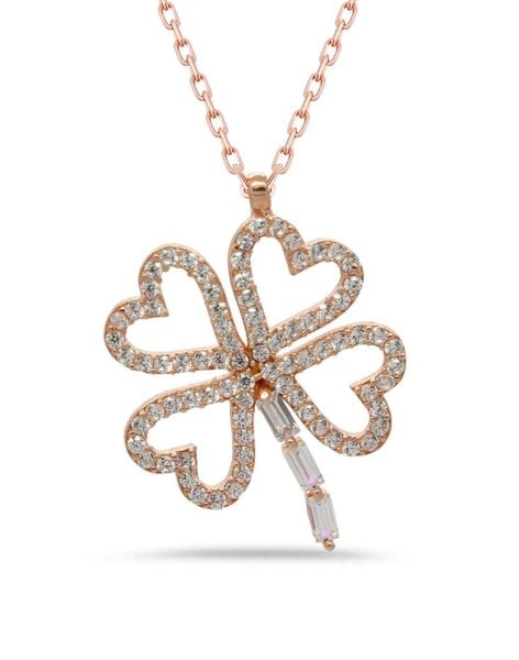 Baget Taşlı Gümüş Dört Yapraklı Yonca Kolye