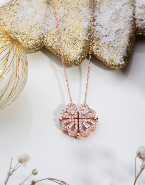 925 Ayar Gümüş Trapez Taşlı Mıknatıslı Kolye Rose Kaplama