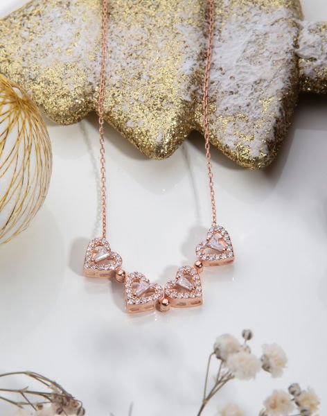 925 Ayar Gümüş Trapez Taşlı Mıknatıslı Kolye Rose Kaplama