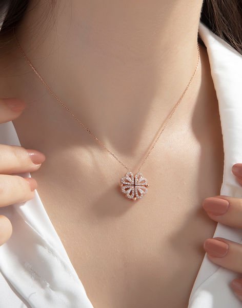 925 Ayar Gümüş Trapez Taşlı Mıknatıslı Kolye Rose Kaplama