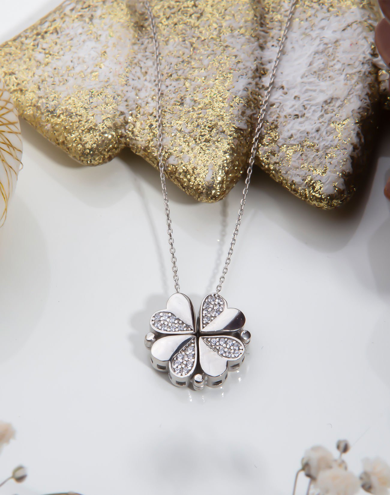 925 Ayar Gümüş Mıknatıslı Kalp Kolye Rodyum Kaplama