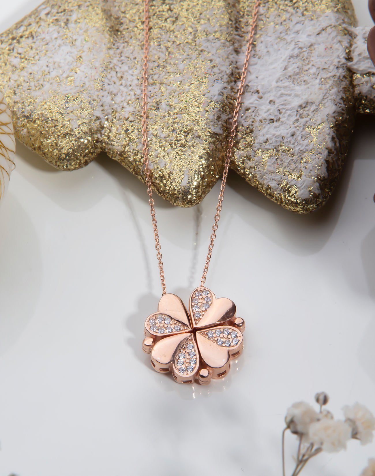 925 Ayar Gümüş Mıknatıslı Kalp Kolye Rose Kaplama