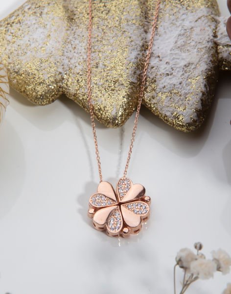 925 Ayar Gümüş Mıknatıslı Kalp Kolye Rose Kaplama