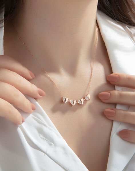 925 Ayar Gümüş Mıknatıslı Kalp Kolye Rose Kaplama