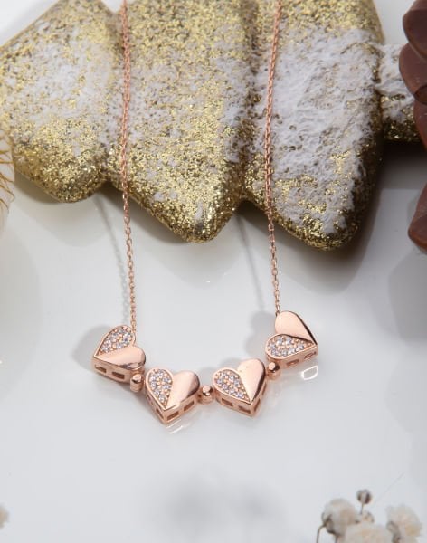 925 Ayar Gümüş Mıknatıslı Kalp Kolye Rose Kaplama